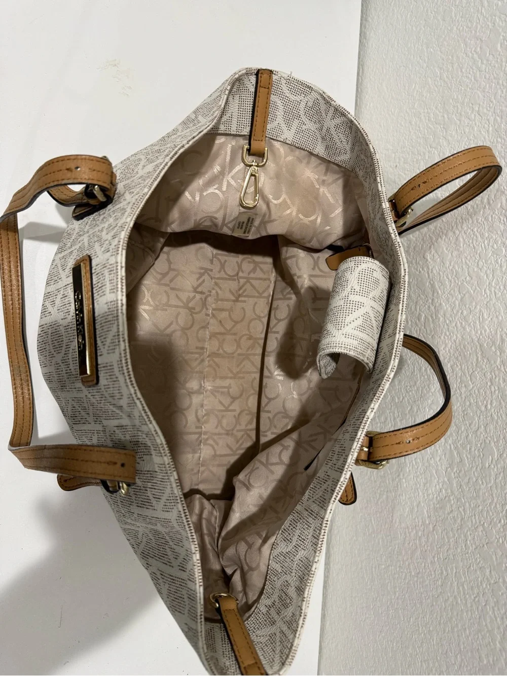 Calvin Klein Beige Logo Tote with Tan Leather Straps